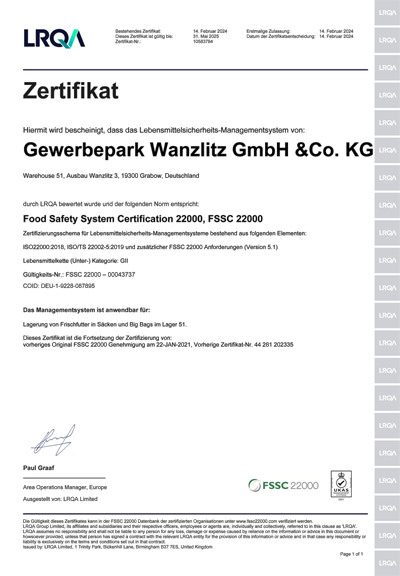 FSSC 22000 Zertifikat Lagerung Frischfutter